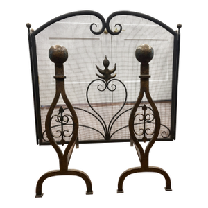 Vintage Hand-Forged Wrought Iron Fireplace Hearth Set: Contemporary 3-Piece Screen & Pair of Andirons