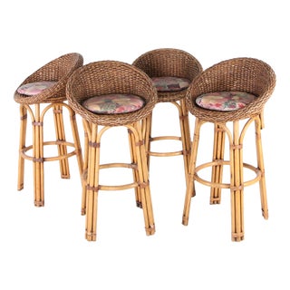 Vintage Bar Stools in Rush and Rattan, 1970s, Set of 4 For Sale
