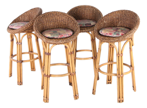 Vintage Bar Stools in Rush and Rattan, 1970s, Set of 4