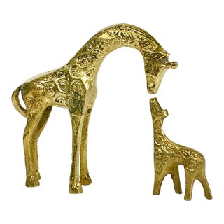 Mid-Century Boho Chic Hollywood Regency Petite Brass Giraffe With Calf Sculpture - Set of 2 For Sale