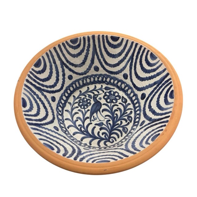 2000 - 2009 Vintage Hand-Painted Spanish Terracotta Bowl – Cobalt Blue Bird & Floral Motif For Sale - Image 5 of 12
