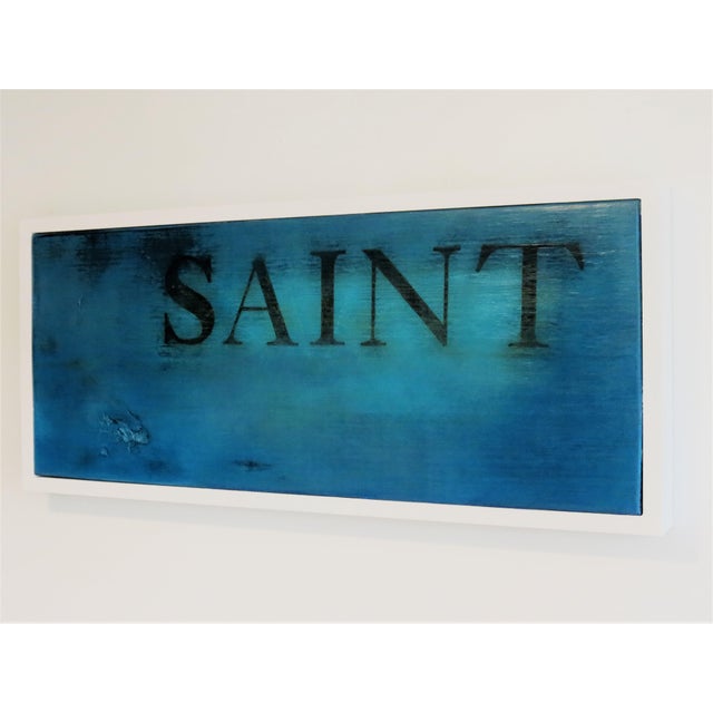Wood Saint, Aqua Blue. Oil on Antique Reclaimed Wood. For Sale - Image 7 of 7