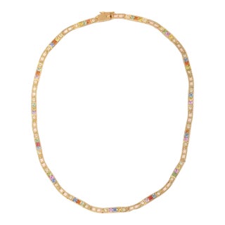 5.45ct Ranibow Sapphire Square Cut Tennis Necklace in 18k Yellow Gold For Sale