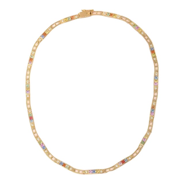 5.45ct Ranibow Sapphire Square Cut Tennis Necklace in 18k Yellow Gold For Sale