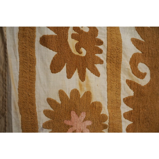 Caramel Toned Suzani Throw Blanket | Hand Embroidered Boho Wall Art 4'4'' X 5'2'' For Sale - Image 11 of 14