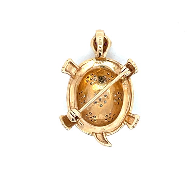 Vintage 14k Yellow Gold Diamond Figural Turtle Brooch Pin Pendant For Sale - Image 4 of 6
