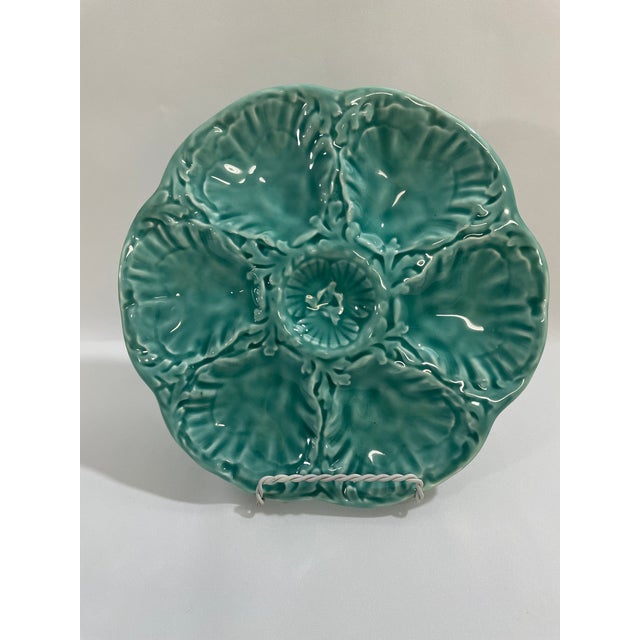 Gien 1940s French Gien Turquoise Majolica Oyster Plate For Sale - Image 4 of 13