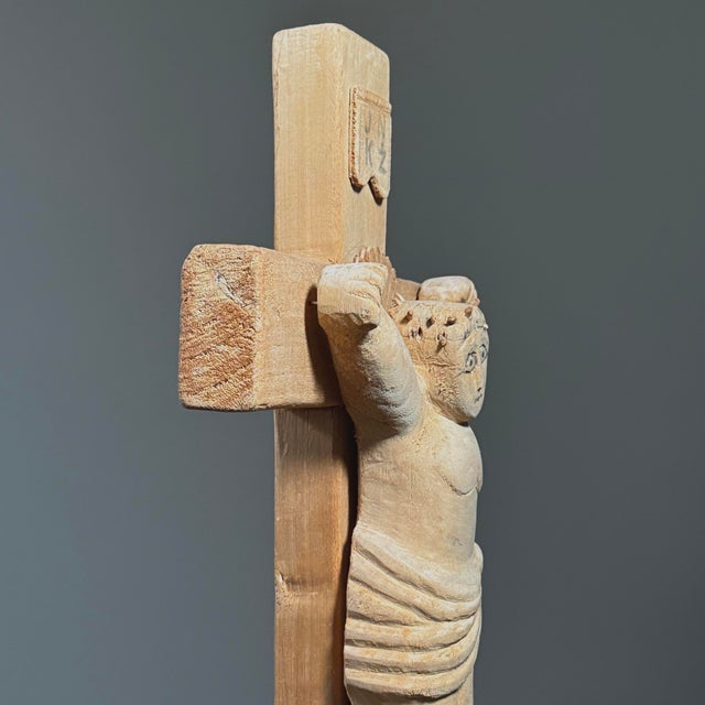 Sculpture Materials Vintage European Folk Art Modernist Hand Carved Crucifix Sculpture For Sale - Image 7 of 10