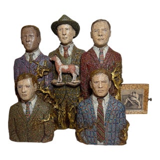 Original Richard Cleaver Wood Ceramic Oil Paint Men With Horse Sculpture Statue For Sale