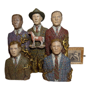 Original Richard Cleaver Wood Ceramic Oil Paint Men With Horse Sculpture Statue