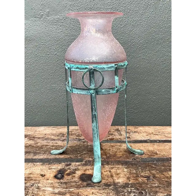 Vintage Patinated Metal Frame Glass Vase For Sale - Image 4 of 12