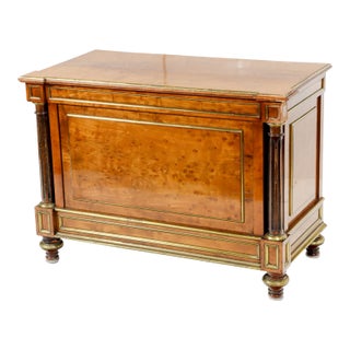 French Empire Revival Burlwood Blanket Chest With Ebonized Columns & Gilt Bronze Accents, Circa 1900 For Sale