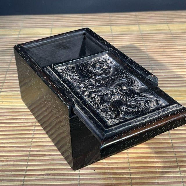 Wood Carved Hardwood Sliding Jewelry Box With Flying Dragon Relief For Sale - Image 7 of 9