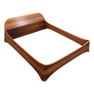 Italian Curved Walnut Bed Frame with Storage Headboard, 1970s For Sale