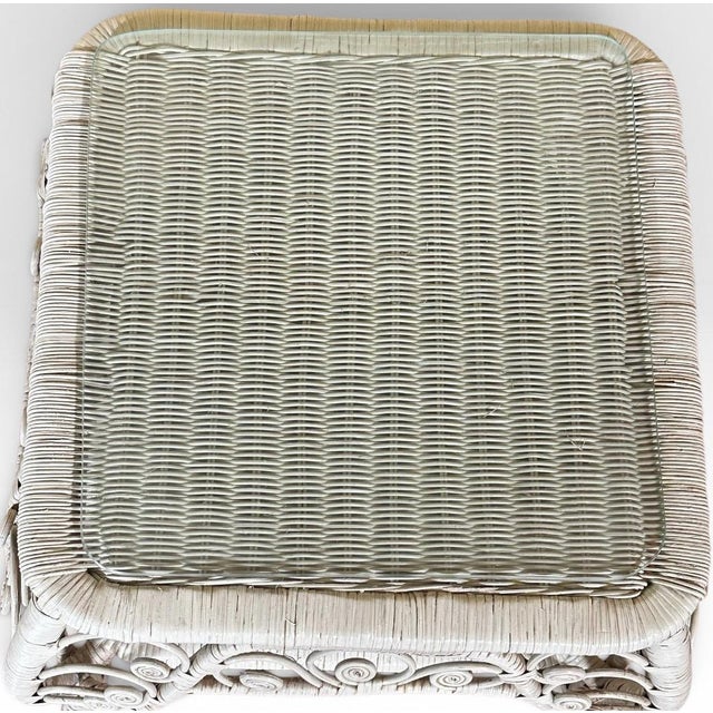 Mid 20th Century Vintage Boho Chic White Wicker Scrolled Side Tables With Glass Tops - A Pair For Sale - Image 5 of 13