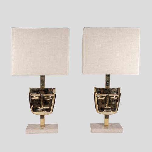 Vintage Brass Sculpture Face Mask Table Lamps, 1970s, Set of 2 For Sale - Image 11 of 11