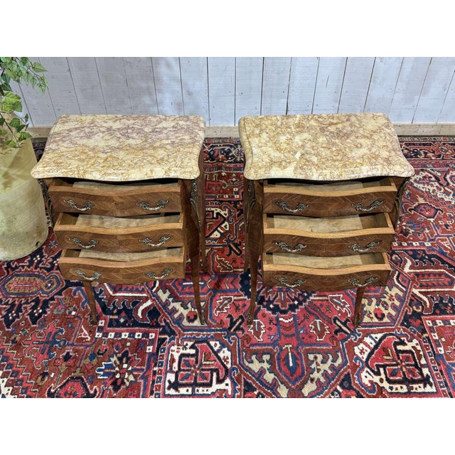 Louis XV Style Bedside Tables in Rosewood and Oak with Marble Tops, 1960s, Set of 2 For Sale - Image 11 of 12