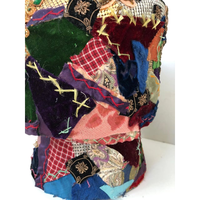Green Mixed-Media Crazy Quilt and Gold Lame Head Sculpture For Sale - Image 8 of 10