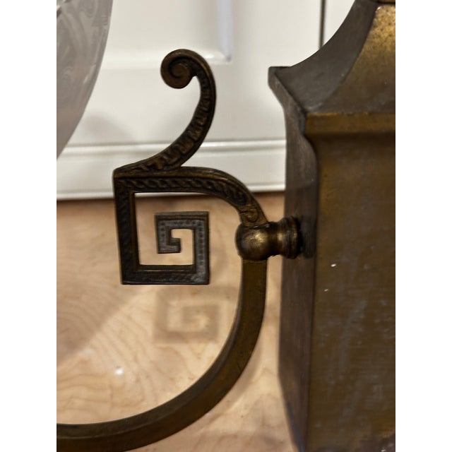 Vintage Two Arm Brass Fixture With Vintage Etched Glass Gas Shades For Sale - Image 10 of 12