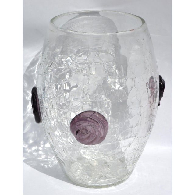 1960s 1960s Large Blenko Crackle Art Glass Vase Textured Clear Surface Purple Flowers For Sale - Image 5 of 18