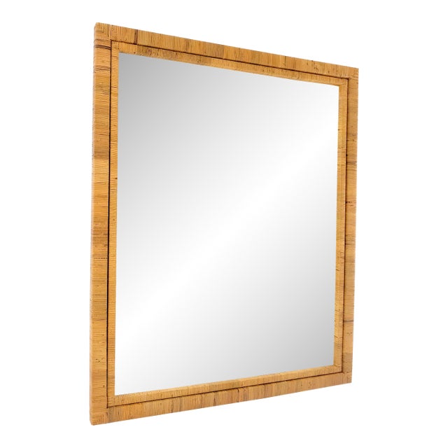 Large 36x44 c1970s Rectangle Rattan Cane Bamboo Frame Wall Mirror MINT For Sale