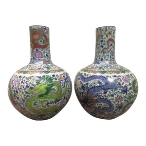 Pair of Chinese Mid 19th Century Porcelain Vases Qing Dynasty Qianlong Marked Blue and White Doucai Porcelain Tianqiuping Hand Painted Flower Pattern
