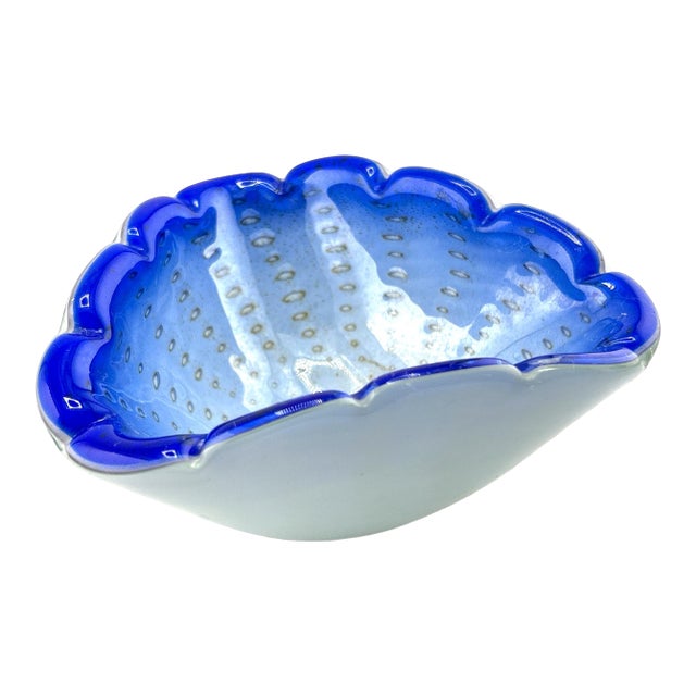 Vintage Murano Triple Cased Glass Blue & White Scalloped Edge Ashtray Catchall For Sale
