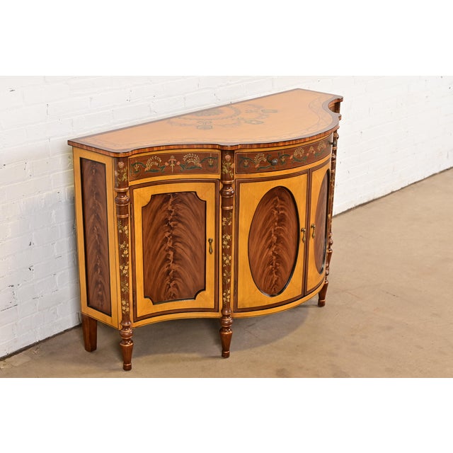 Chelsea House Inc Late 20th Century French Regency Louis XVI Inlaid Flame Mahogany Hand Painted Sideboard or Bar Cabinet For Sale - Image 4 of 13