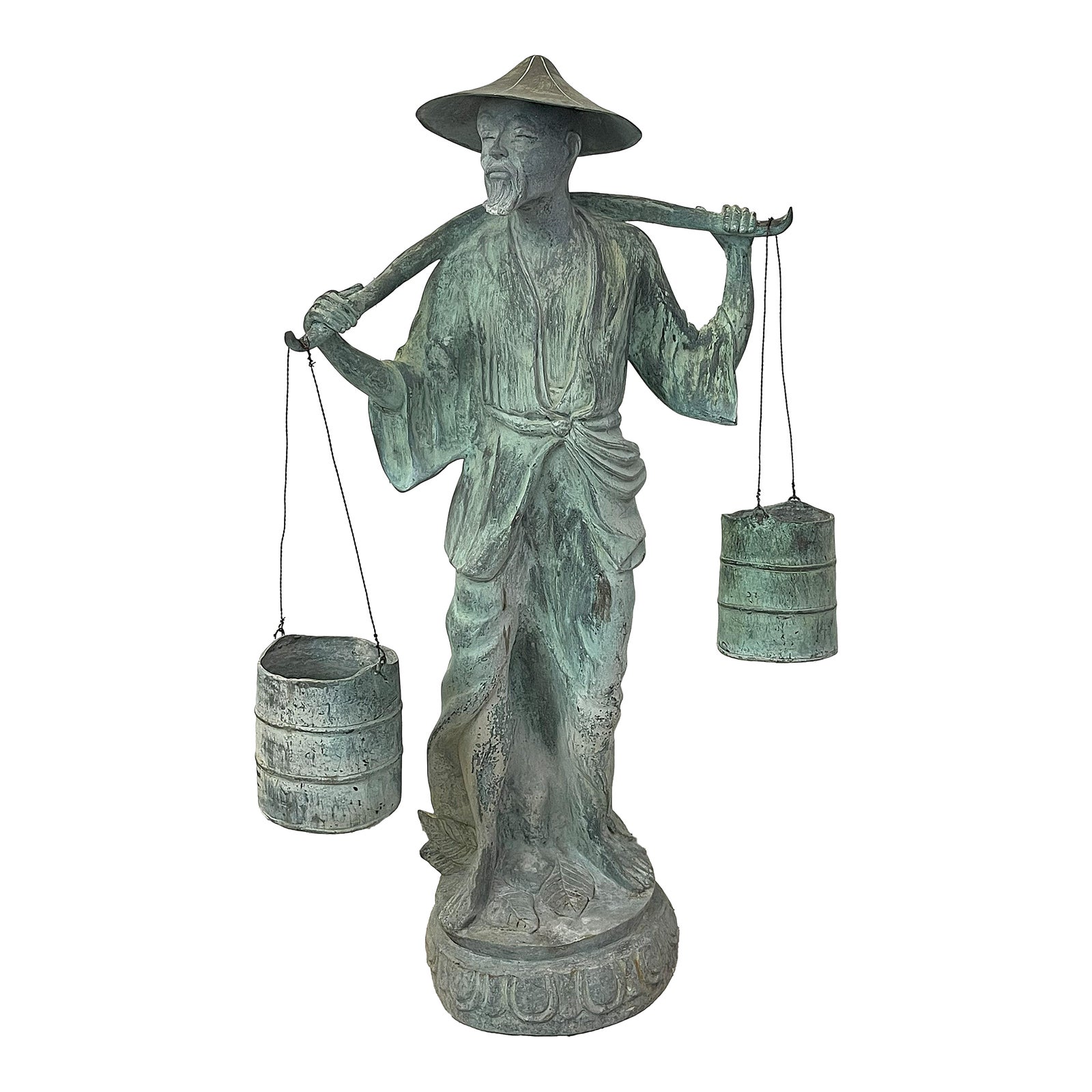 Vintage Regency Peaceful Asian Water Carrier Metal Garden Sculpture