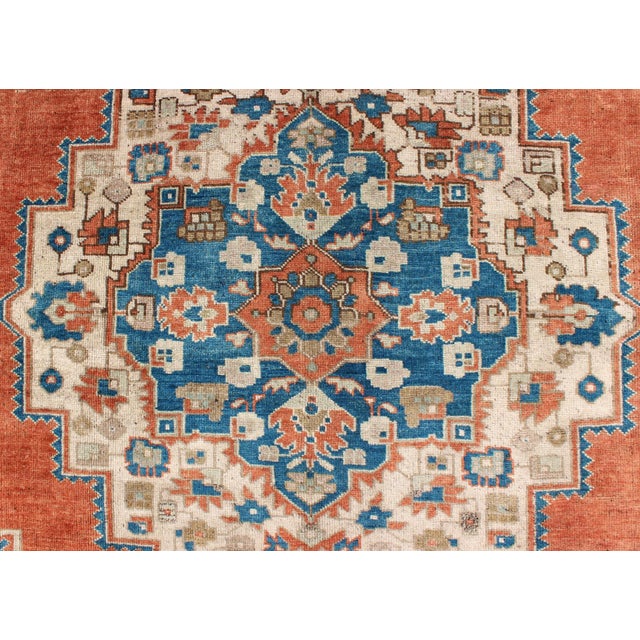 Textile Vintage Turkish Oushak Rug in Blue, Terracotta, Light Brown and Camel 7'6 X 12 For Sale - Image 7 of 8