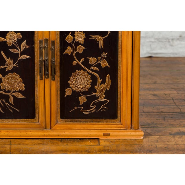 Asian Two Chinese Qing Dynasty Fruitwood Side Cabinets with Carved Décor, Sold Each For Sale - Image 3 of 12