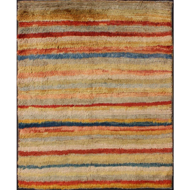 Mid 20th Century Vintage Turkish Angora Tulu Rug With Stripe Design in Yellow, Green, Red & Blue For Sale - Image 12 of 12