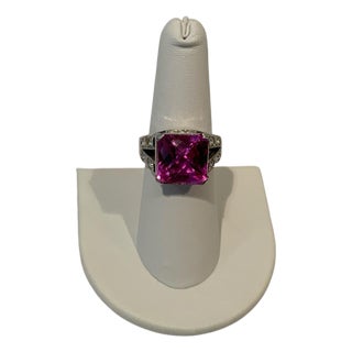 1990s Sterling Silver 925 Princess Cut Pink Sapphire Diamond Cocktail Ring, Size 7.5 For Sale