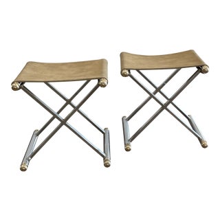 Vintage Director Style Chrome and Brass X Base Footrest Ottoman - a Pair For Sale
