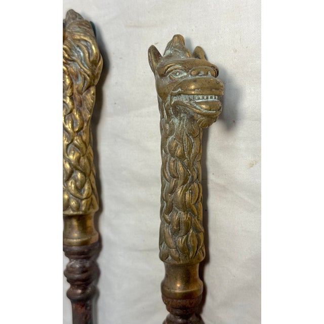 Set of 3 Antique 1800s Brass Steel Figural Dragon Fireplace Tools Poker Tong For Sale - Image 4 of 15