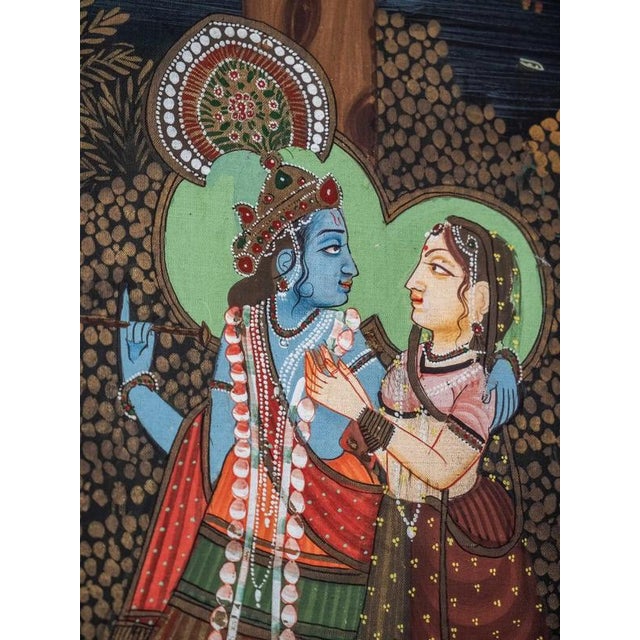 Hand-painted on silk. Motif of Krishna and Ghópis in a beautiful garden with peacocks. Very good condition. Date: mid-20th...