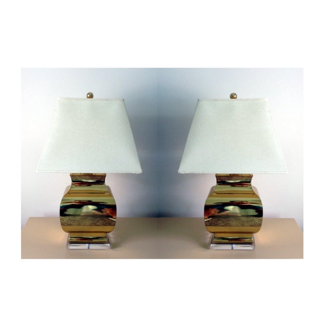 1970s Pair Large Modern geometrical urn shape Brass Lamps For Sale - Image 5 of 6