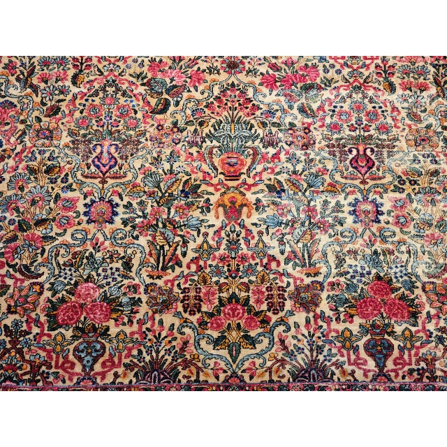 Vintage Oversized Persian Kerman Lavar Rug, Hand-Knotted Wool, Allover Floral Vase Pattern, Ivory & Turquoise, 9’ X 14’ For Sale - Image 16 of 18