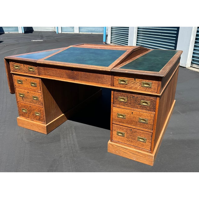 Brass Antique Double Pedestal Partners British Campaign Desk Solid Oak -Rare Antique-Made in England For Sale - Image 8 of 8