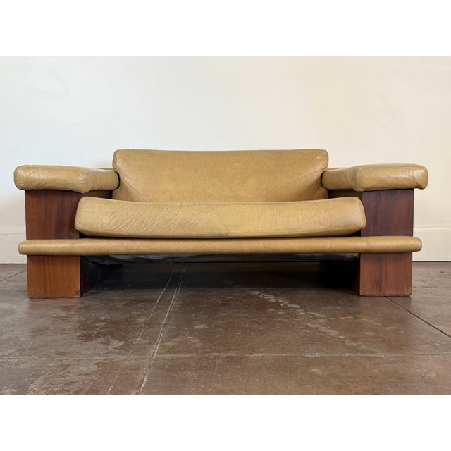 Vintage 1980’s Italian and Walnut Sculptural Leather Loveseat For Sale - Image 16 of 18