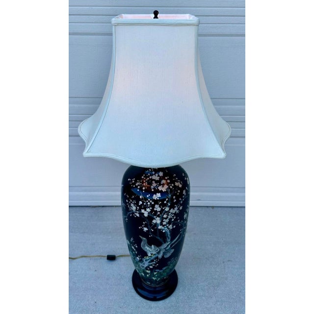 Late 19th Century Huge Meiji Japanese Cloisonné Black Ground Bird & Blossom Tall Table Lamp 40" For Sale - Image 15 of 18