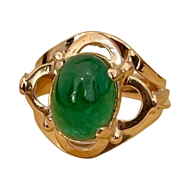 6 Carat Elongated Oval Emerald Cabochon 14 Karat Rose Gold Cocktail Ring Vintage For Sale - Image 15 of 18