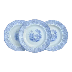 Antique English Blue and White Ironstone Transfer Scene Plates- Set of 3