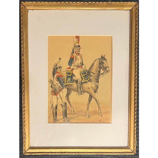 Campaign Pair of 19th Century Napoleonic-Era Military Watercolors, Continental European Cavalry, Gilt Framed For Sale - Image 3 of 4