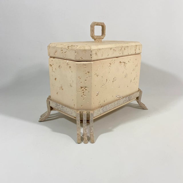 Postmodern Faux Travertine Ceramic Box With Metal Stand and Handle For Sale - Image 13 of 13