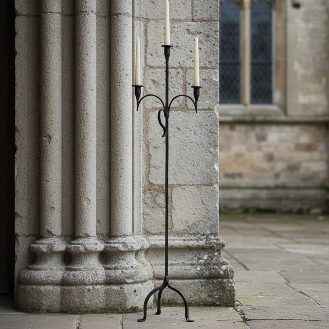 Rustic Hand Forged Iron Floor Candelabra 50″ (126cm) Antique Copper Patina 3-Arm Slim Corner Design Rustic Decor For Sale - Image 3 of 8