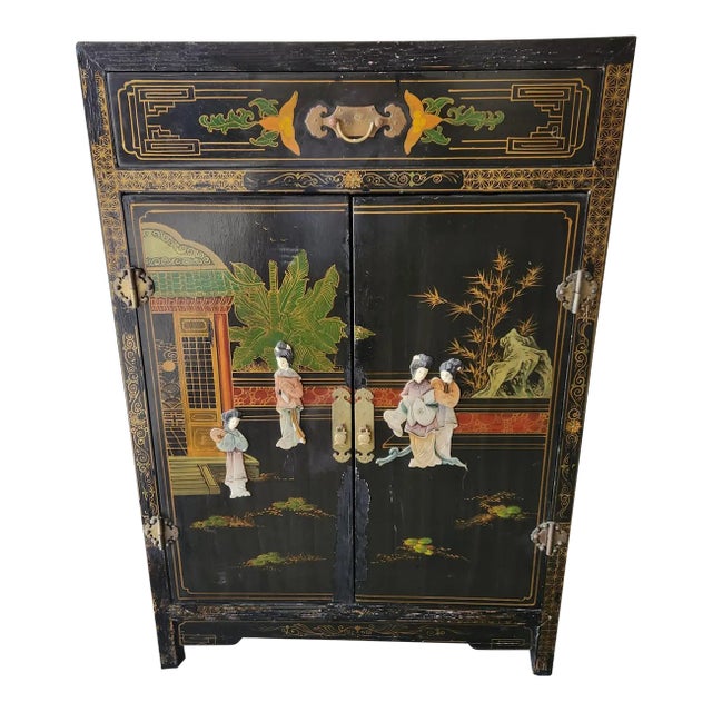 1950s Chinoiserie Black Lacquer Mop Chinese Cabinet Hand Painted For Sale