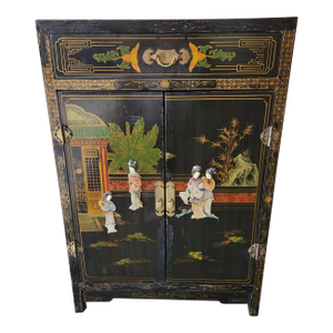1950s Chinoiserie Black Lacquer Mop Chinese Cabinet Hand Painted