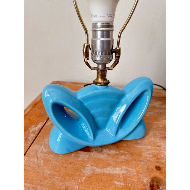 1960s Pair of MCM Turquoise Lamps With Fabric Shades For Sale - Image 4 of 8