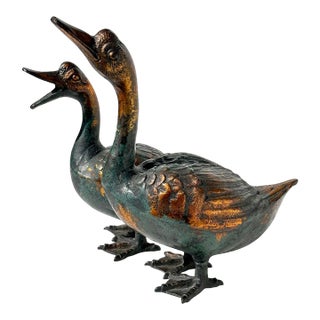 Vintage Japanese Verdigris & Copper Cast Iron Duck Figures For Sale
